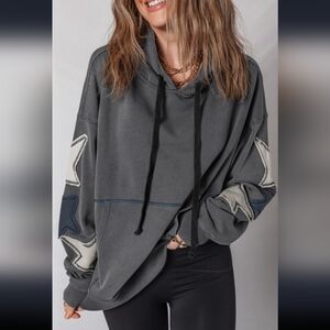 Boutique Carbon Mineral Wash Hoodie with Patchwork  Stars